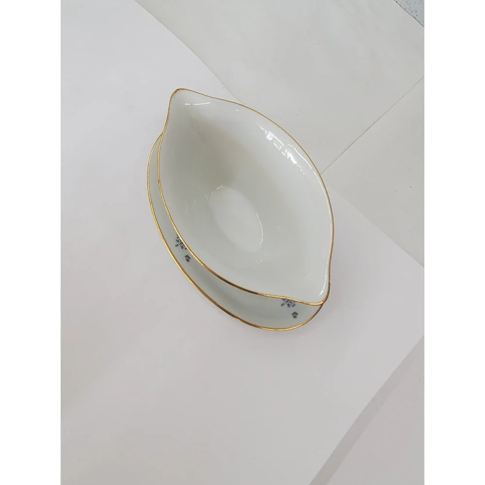 Johann Seltmann Vohenstrauss Bavaria Gravy Boat Attached Plate Blue Gold Trim